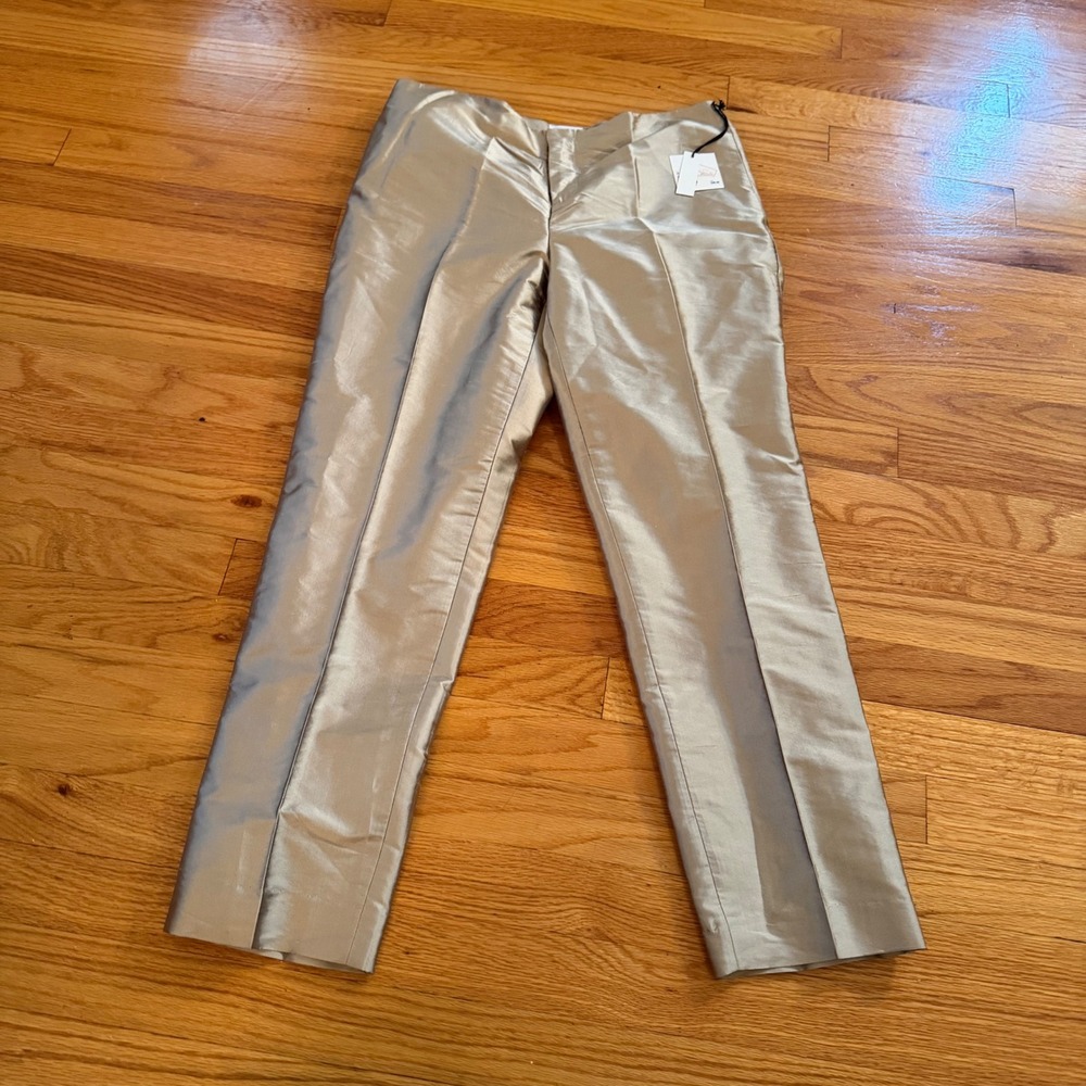 Kate Hill 100% Silk Trousers 4P Sandgrain Gold Metallic Dress Pants NWT